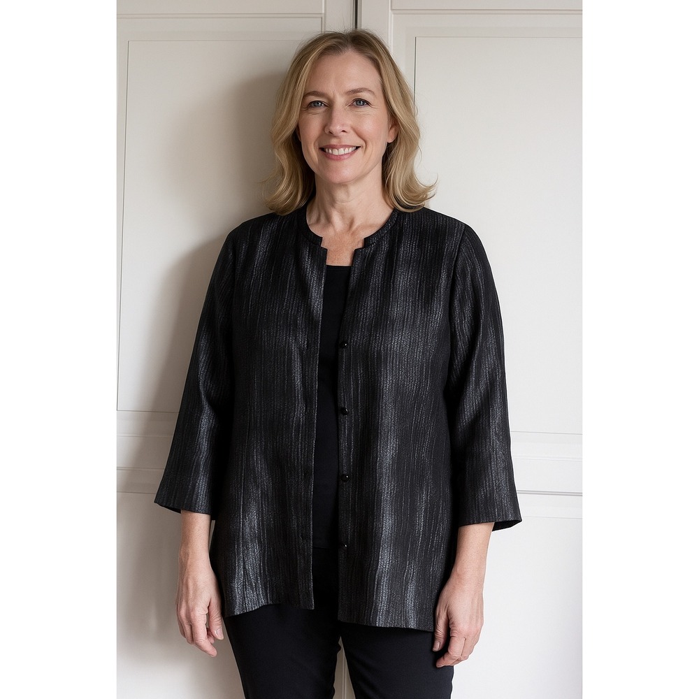 Eileen Fisher Silk Blend Button Down Top Textured Metallic‎ Black Medium Blouse